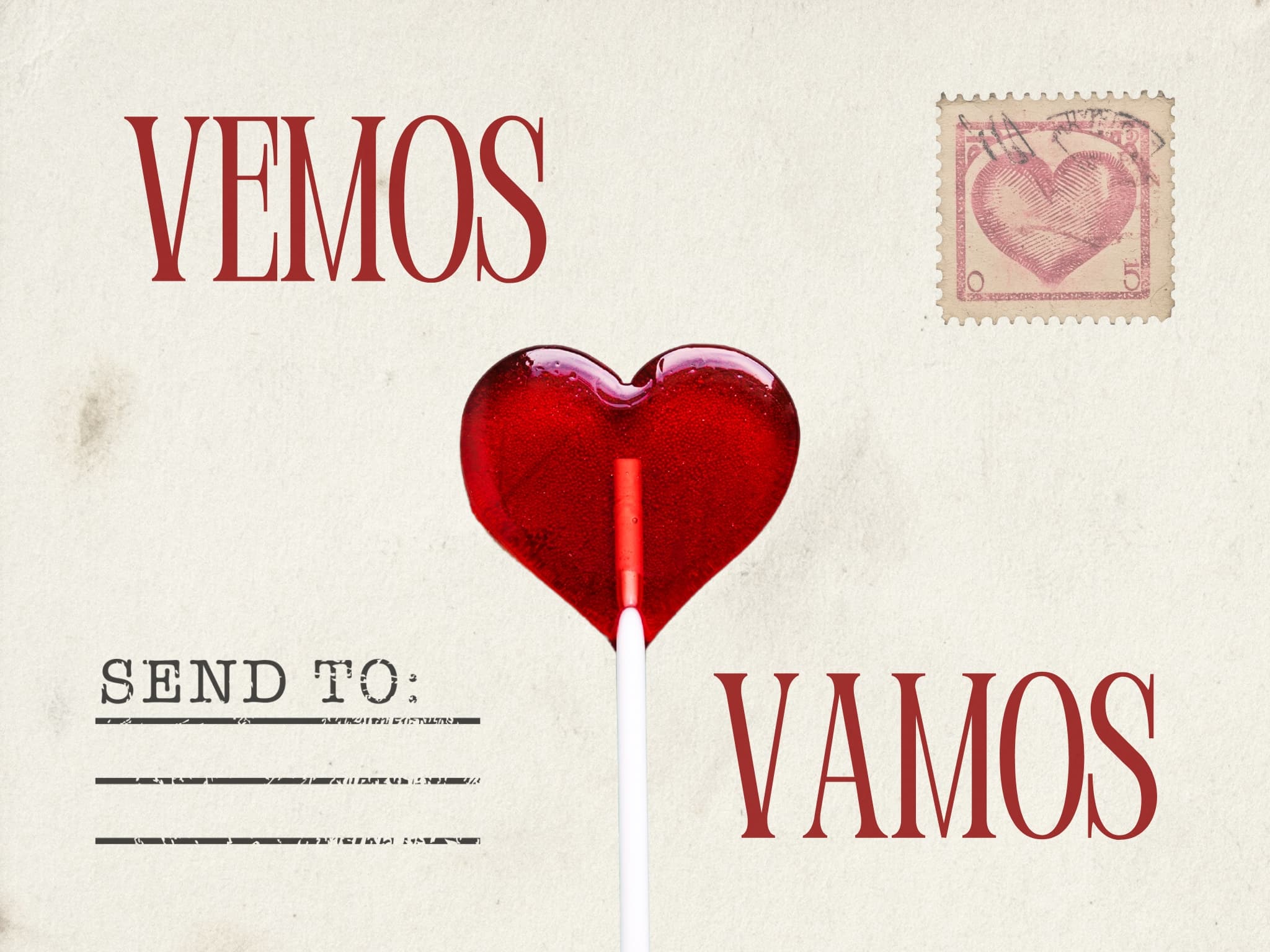 Vemos Vamos hero image featuring a heart-shaped candy and vintage postcard design